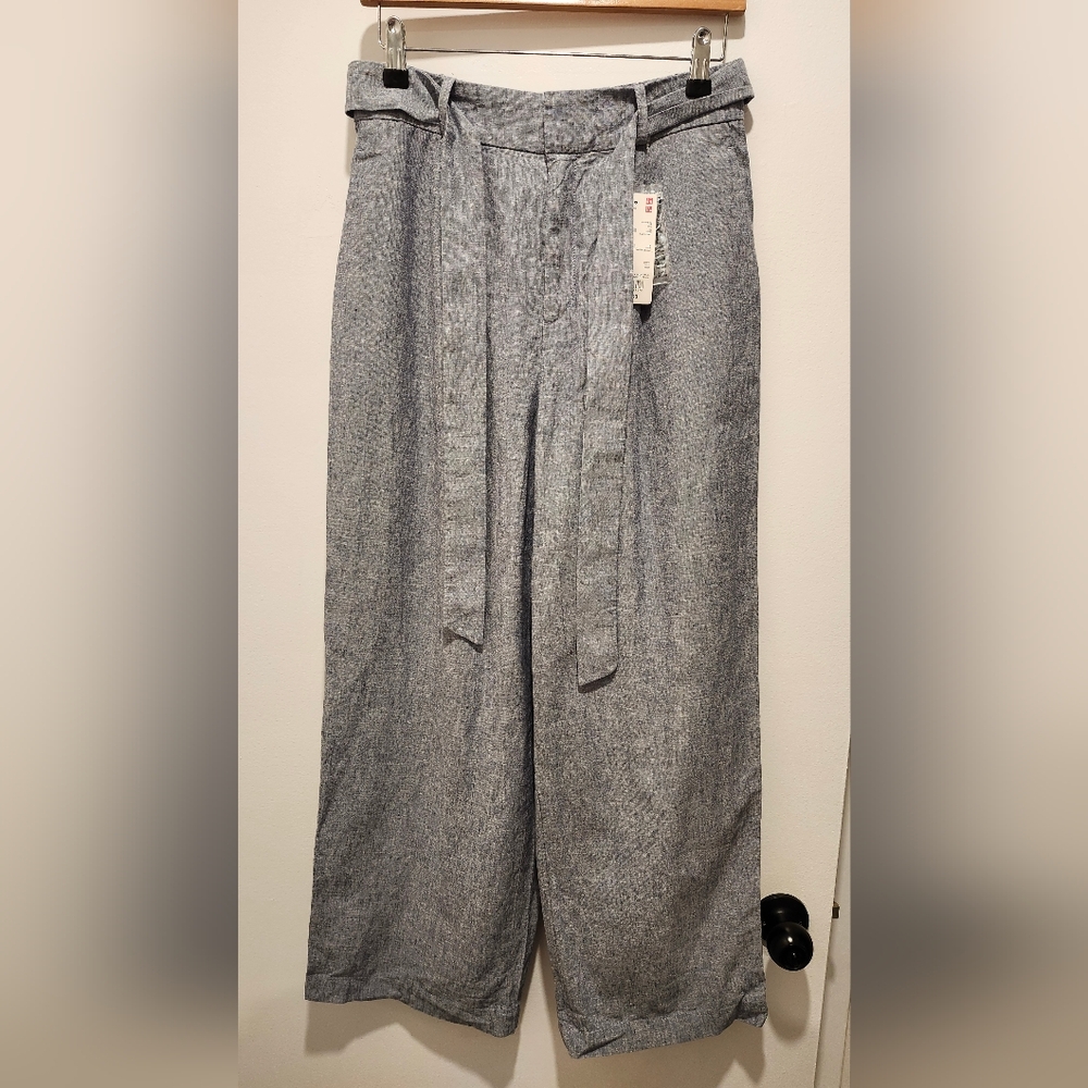 Uniqlo Belted Linen Cotton Wide Straight Pants